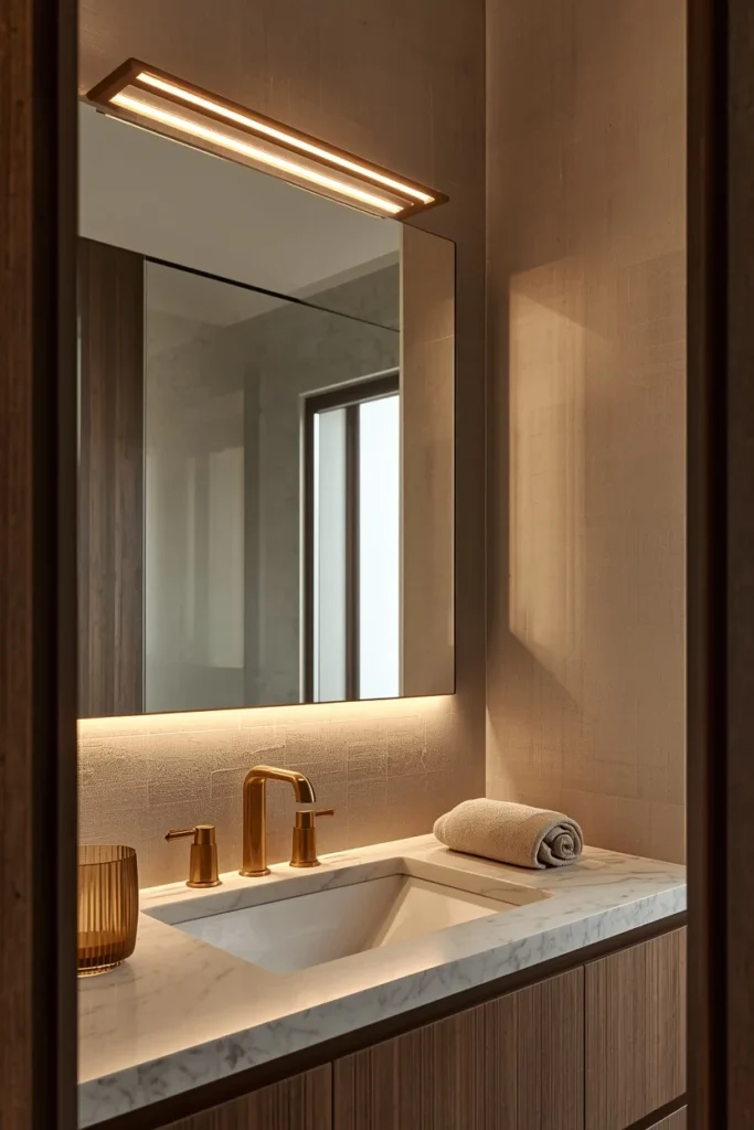 Warm brass linear bar light above bathroom mirror