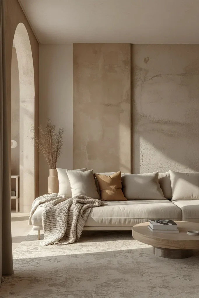 Warm neutral color palette for a low ceiling room