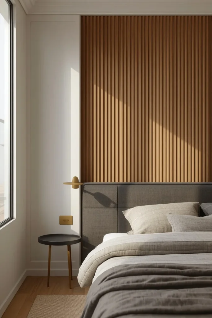 Warm neutral teen boy bedroom with textured accent