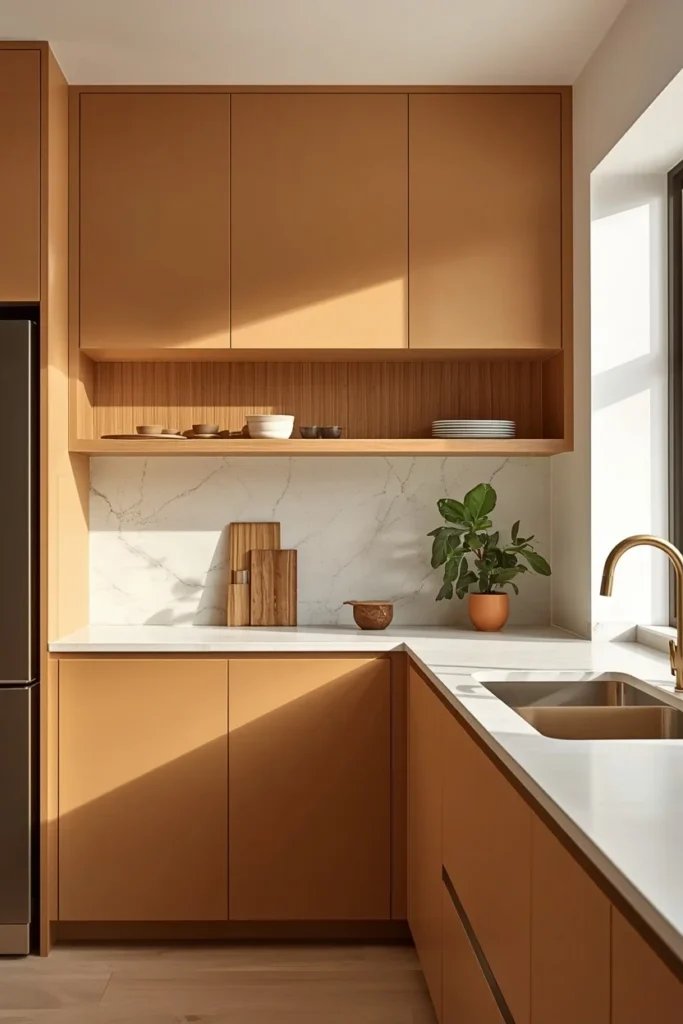 Warm sand-toned cabinets in a modern kitchen with oak shelving