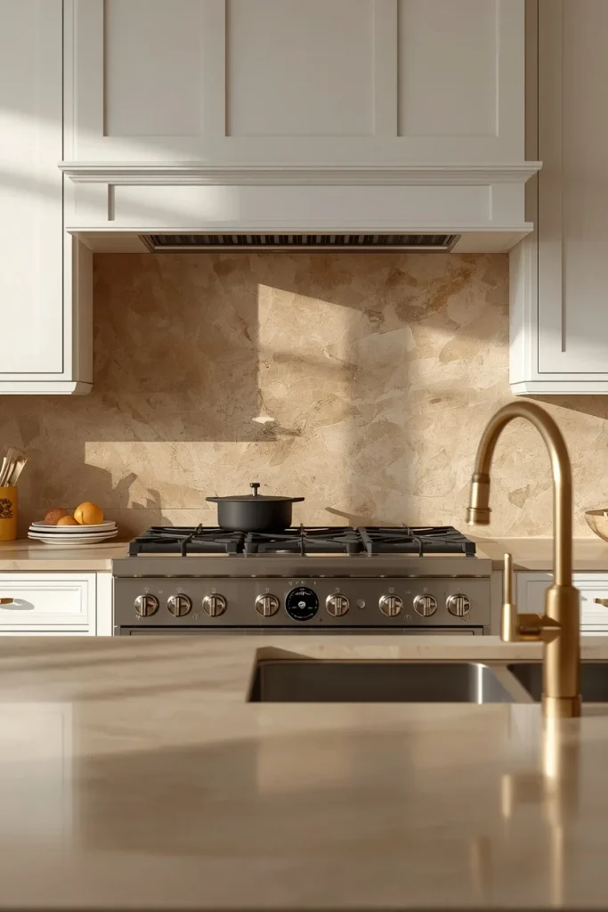 Warm travertine slab backsplash with white cabinets