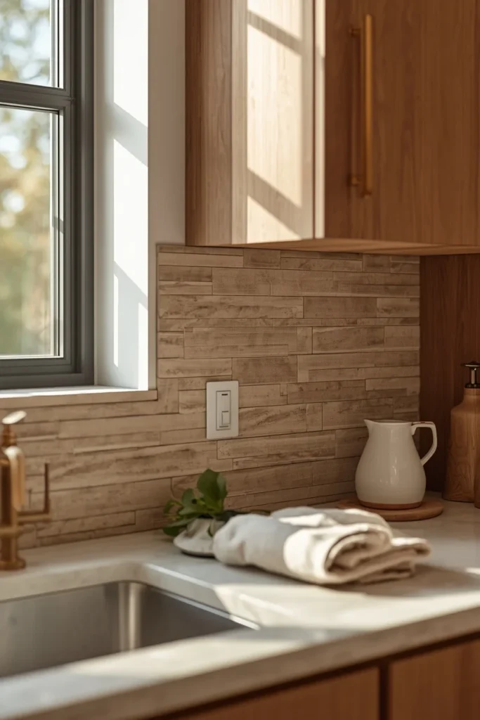 Warm travertine tile backsplash in contemporary kitchen