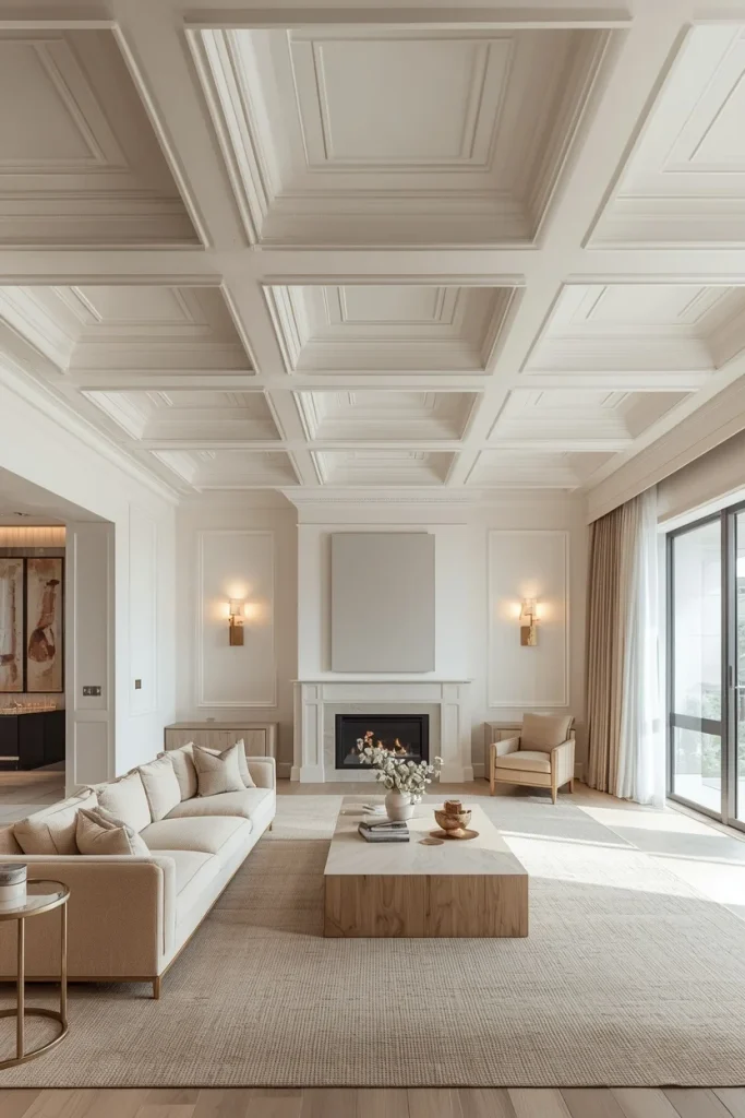 Warm white coffered ceiling in cozy living room