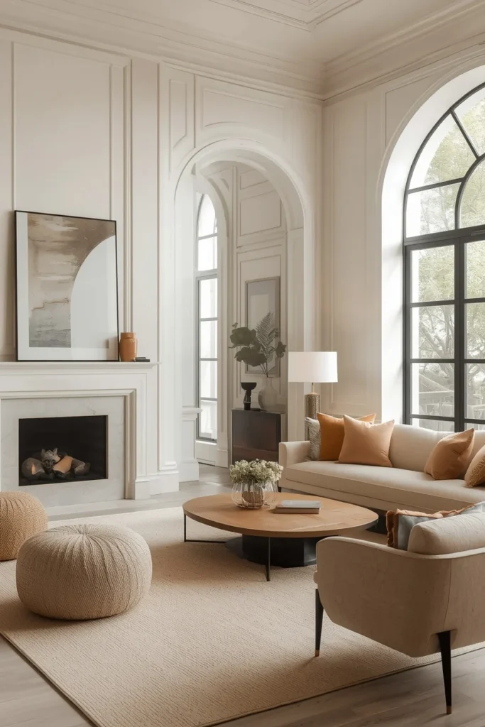 Warm white and beige layered living room design.