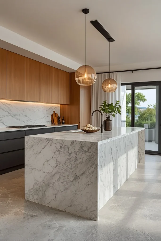 Modern kitchen with a waterfall stone island and subtle veining