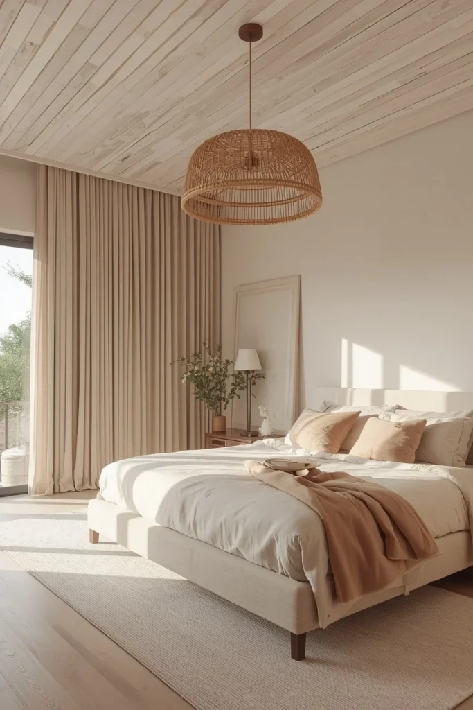 Whitewashed wood ceiling in a soft bedroom