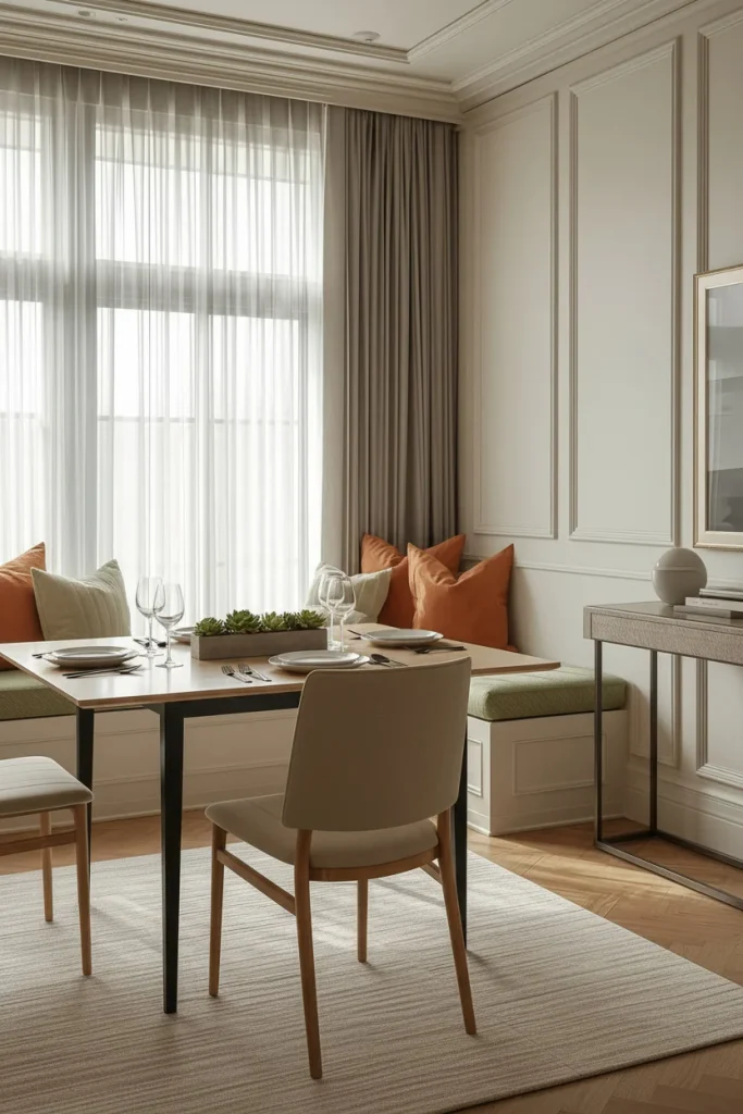 Small dining room with a cozy window bench and slim dining table