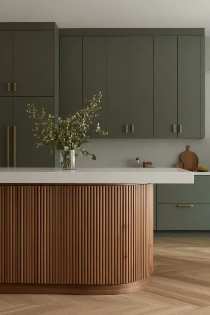 Modern kitchen cabinets with grooved wood panel detailing