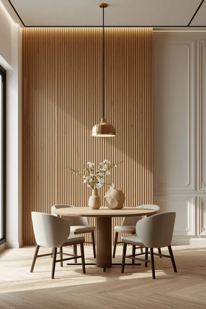 Small dining room with floor-to-ceiling fluted wood wall panels