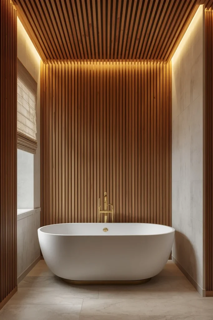 Wood ceiling in luxurious spa style bathroom