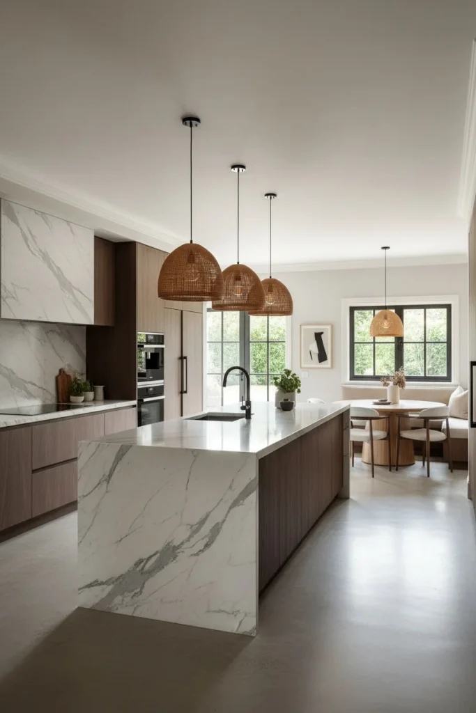 Woven pendant shades adding texture above kitchen counter