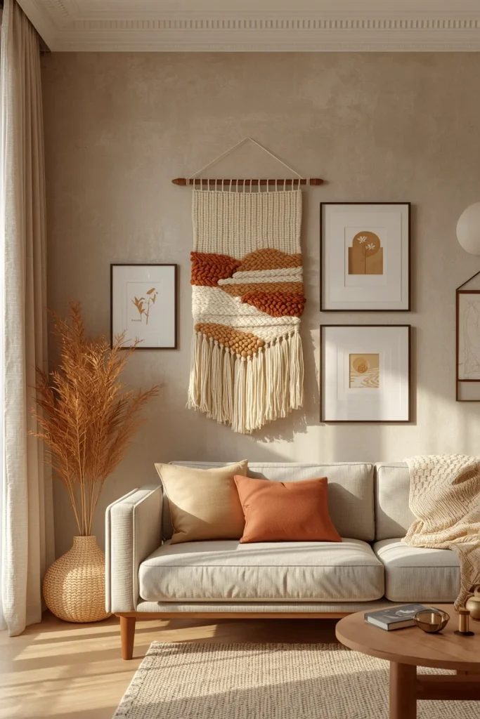 Woven wall hanging mixed with framed art in a warm modern living room