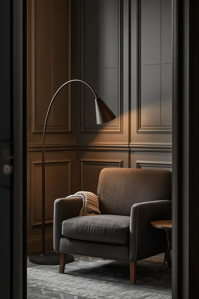 Arched reading floor lamp beside accent chair