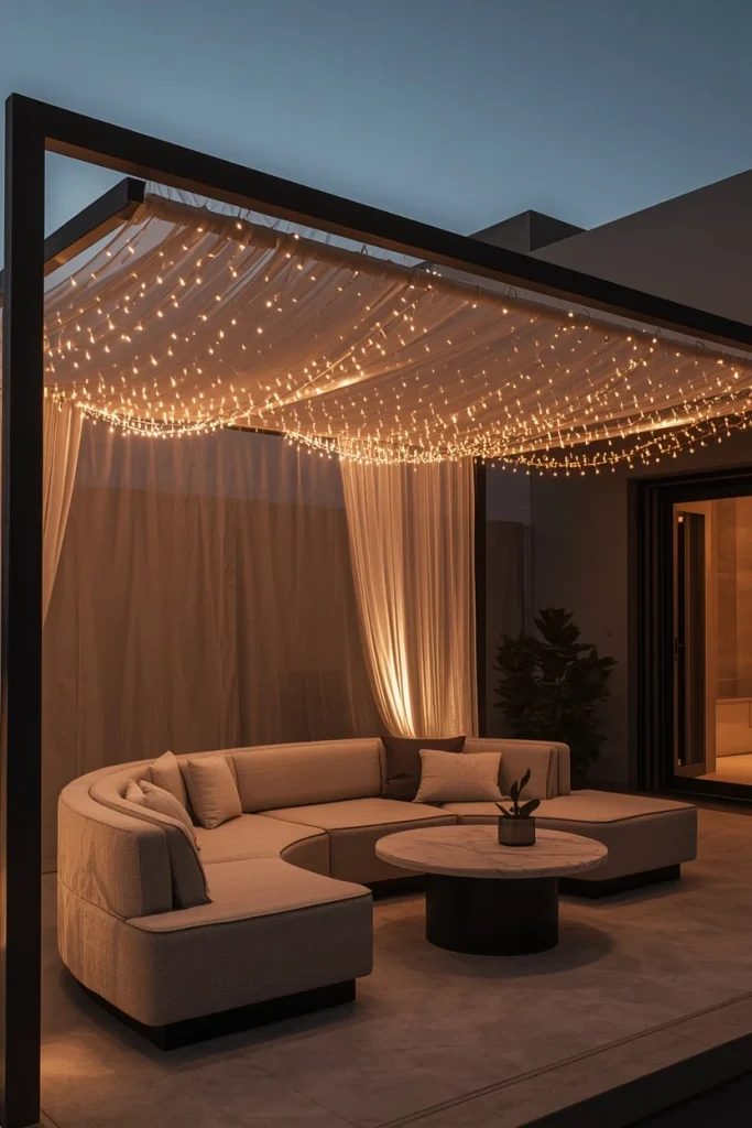 Warm string light canopy above modern outdoor seating