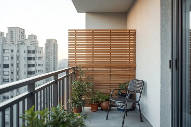 Modern balcony with stylish privacy screen and plants