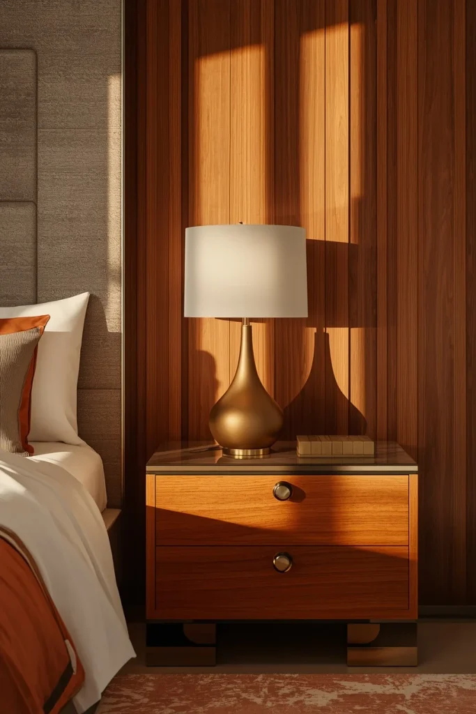 Brushed brass bedroom hardware paired with warm wood furniture