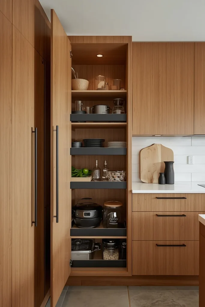 Pull-out shelving inside blind corner kitchen cabinet