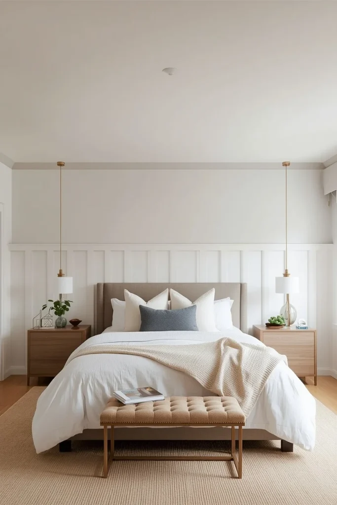 Warm white board-and-batten wall behind farmhouse bed
