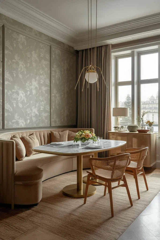 Muted botanical wallpaper in modern dining room