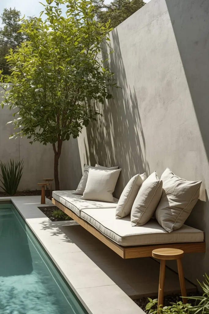 Built-in outdoor bench along modern pool wall