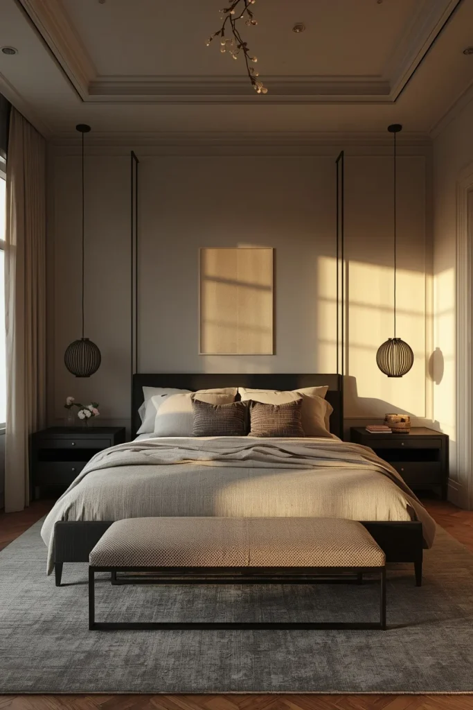 Soft neutral bedroom with charcoal bed frame and accents
