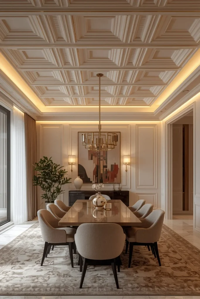 Coffered ceiling with brushed brass inlay lighting