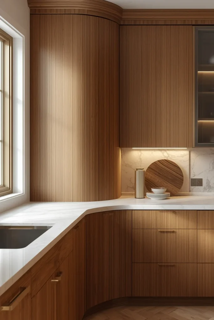 Curved kitchen corner cabinets with warm oak finish