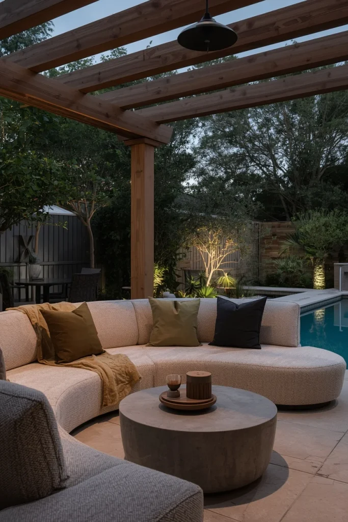 Curved outdoor sofa with cushions beside pool