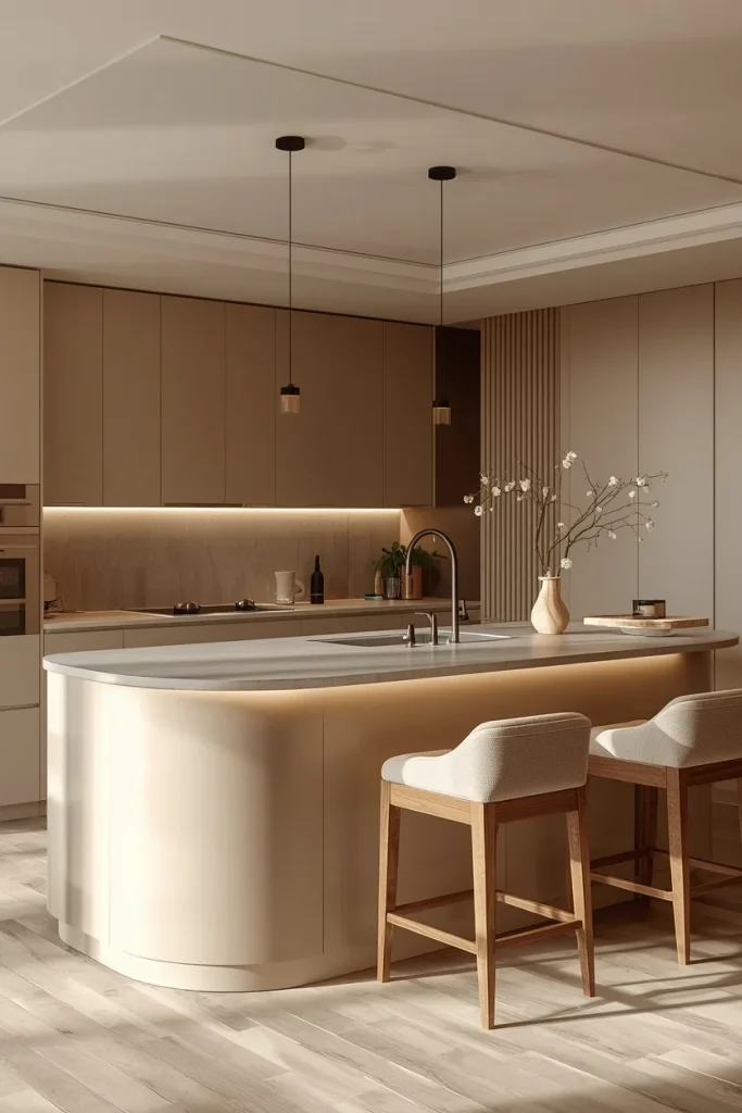 Modern U-shaped kitchen with curved peninsula seating
