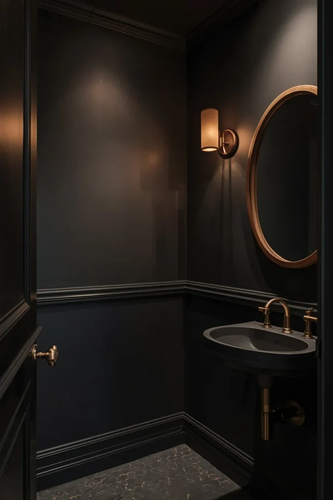 Dark powder room with brass fixtures and warm lighting