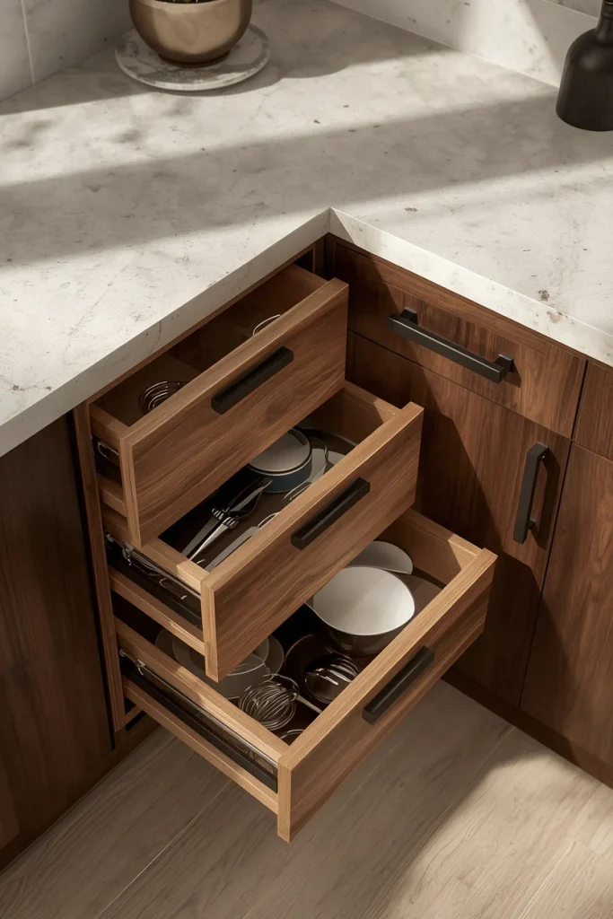 Diagonal corner drawers for organized kitchen storage