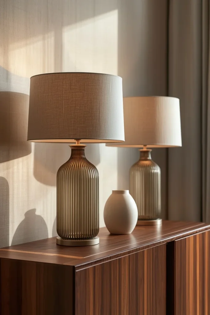 Table lamps placed at different heights around room