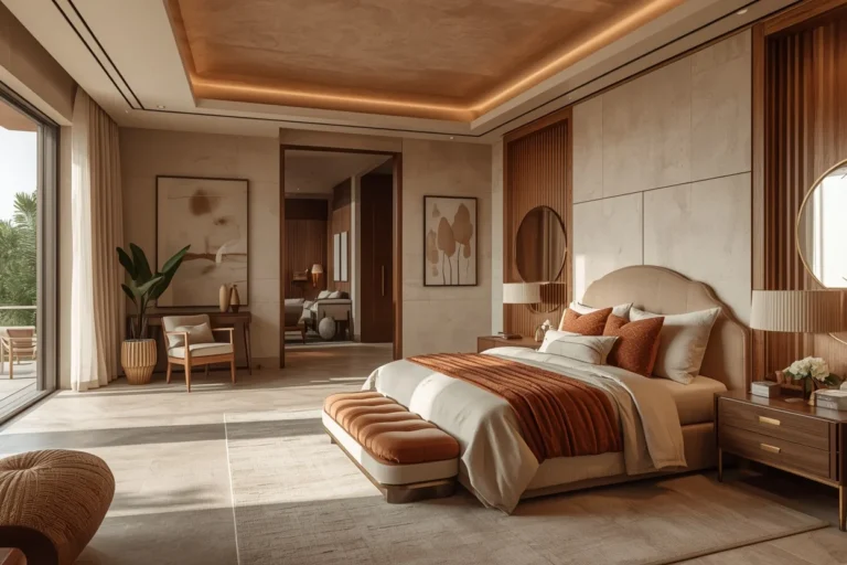 Earthy tone bedroom with warm colors, natural wood, and soft textures