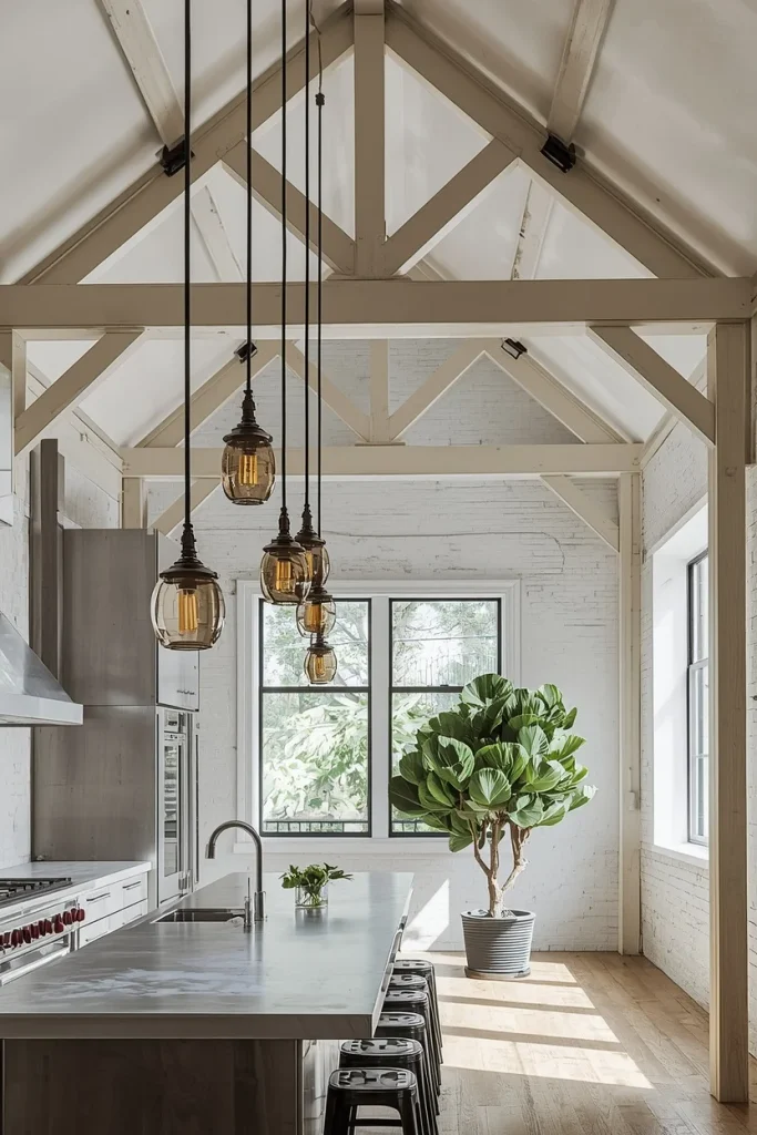 Pendant light cluster hanging from vaulted kitchen ceiling