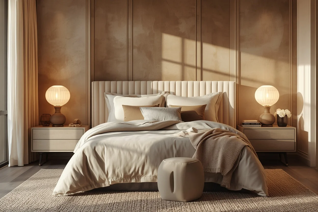 Warm modern fall bedroom with cozy layered textures