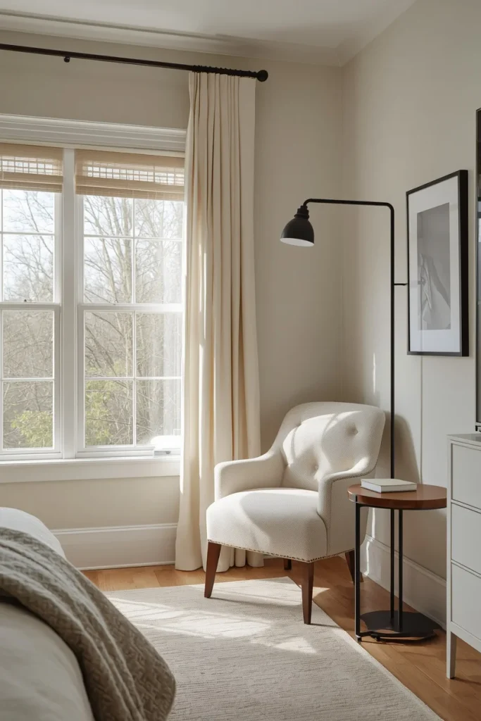 Cozy reading nook with chair beside bedroom window