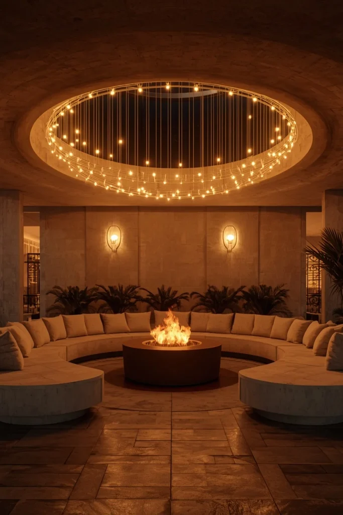 Soft overhead string lights surrounding a backyard fire pit