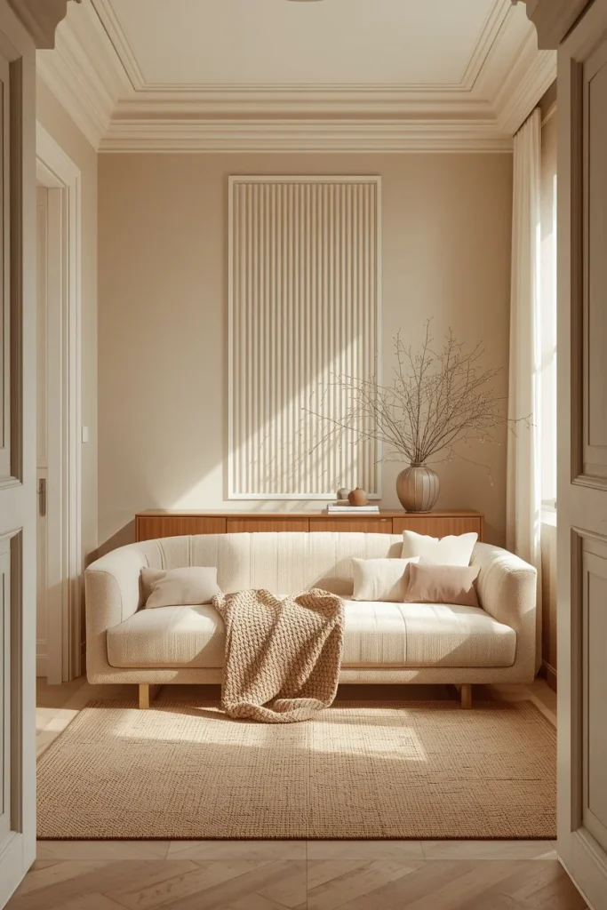 Small living room with floating curved sofa
