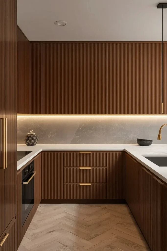 U-shaped kitchen with textured fluted cabinets