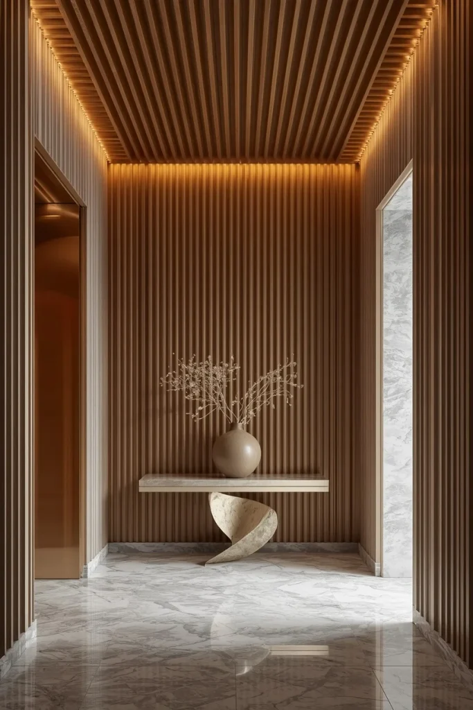 Fluted wood ceiling panels with hidden cove lighting
