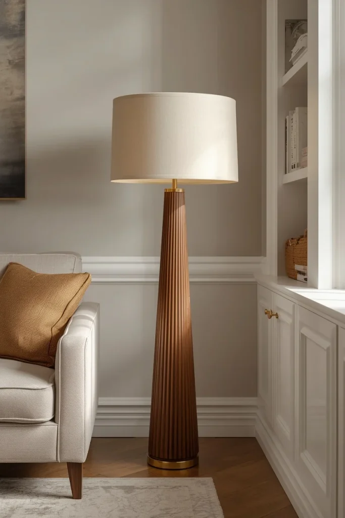 Fluted wood and ribbed glass floor lamp