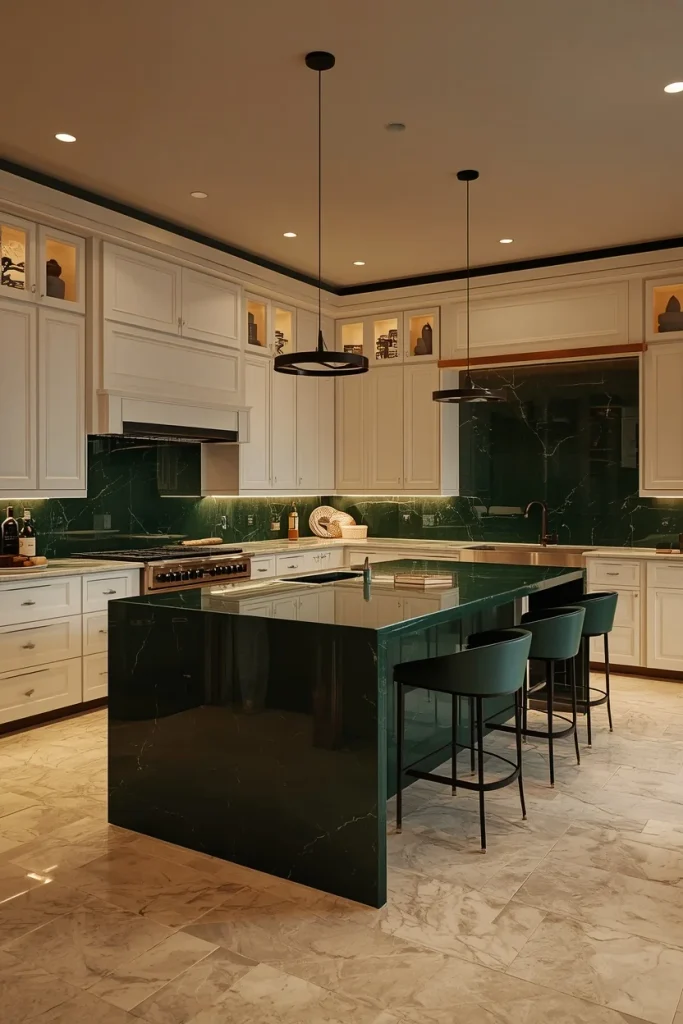 Forest green kitchen island with white cabinets
