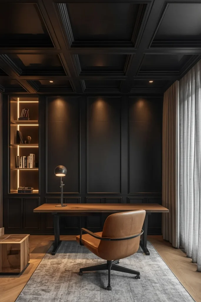 Geometric matte black metal ceiling panels with lighting