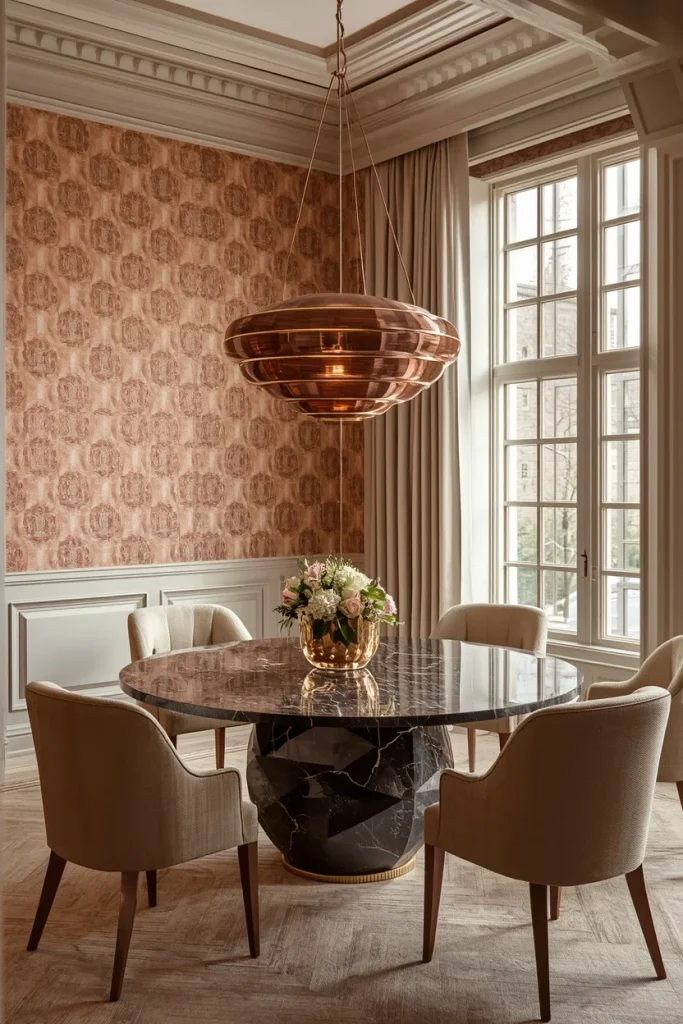 Soft geometric wallpaper in stylish modern dining room
