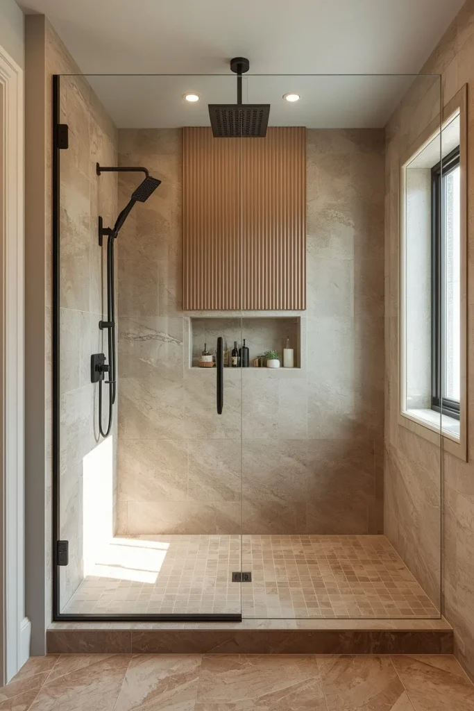 Glass walk-in shower with fluted wood bathroom wall