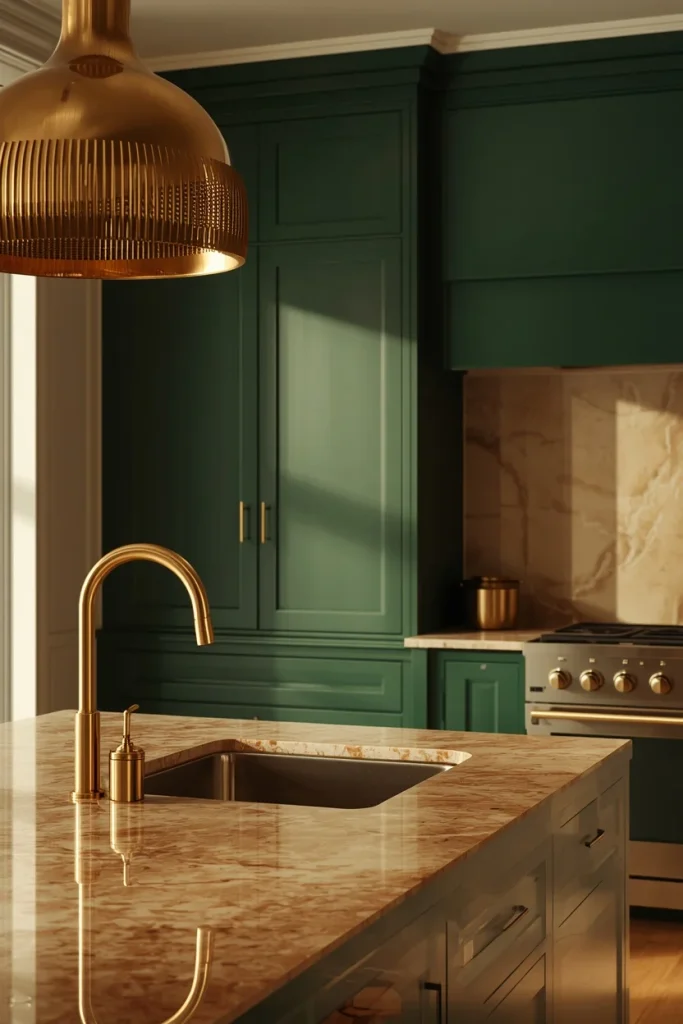 Green cabinets with brass hardware and marble countertops
