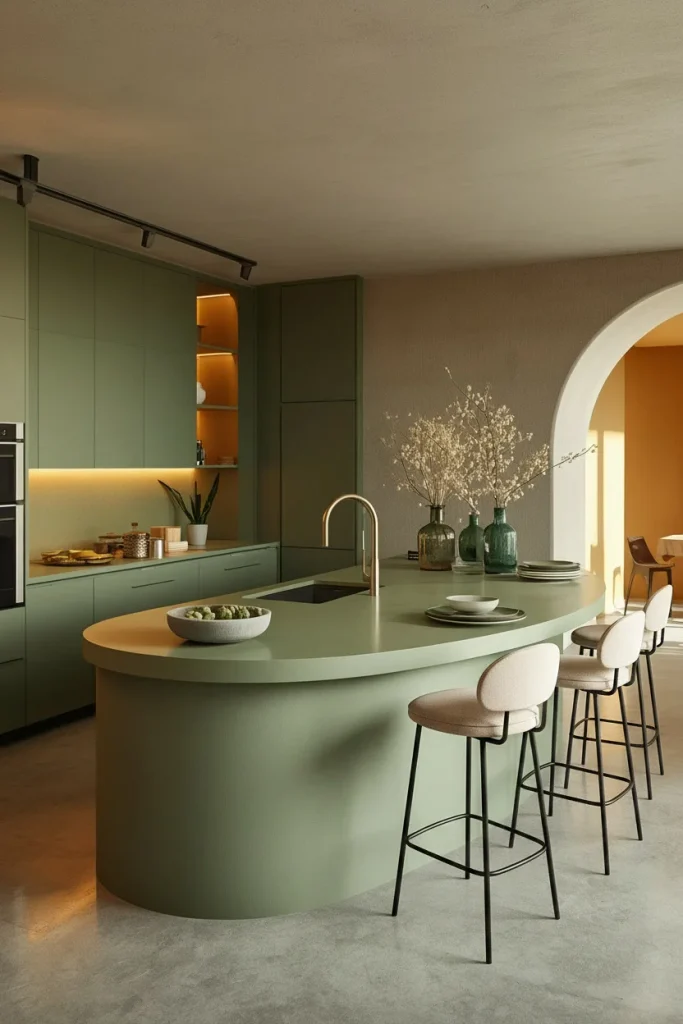 Green kitchen featuring curved island and organic shapes