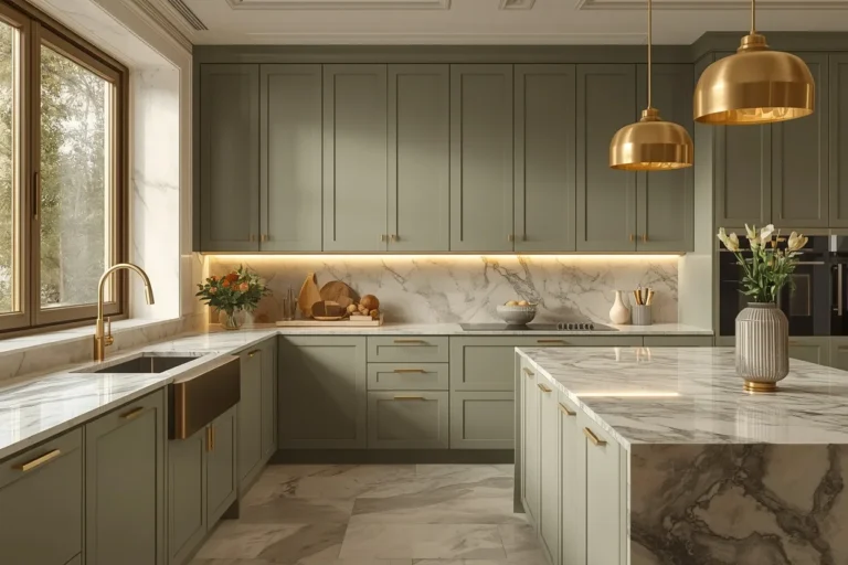 Green kitchen with warm wood and modern styling