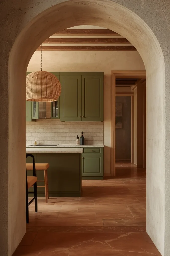 Green kitchen with limewash walls and terracotta flooring