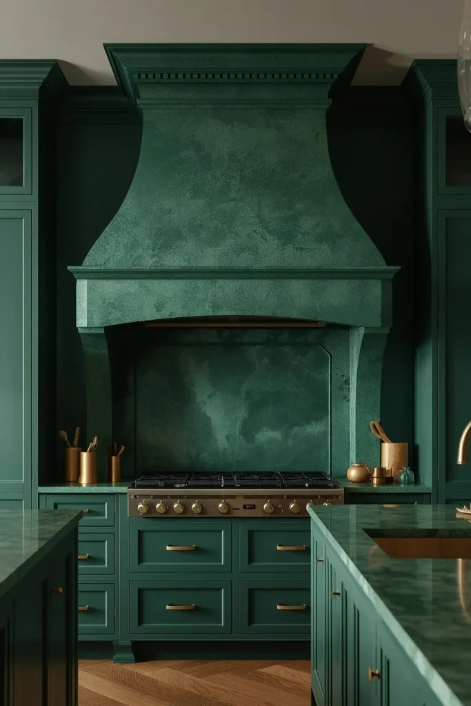 Green kitchen featuring a sculptural statement range hood